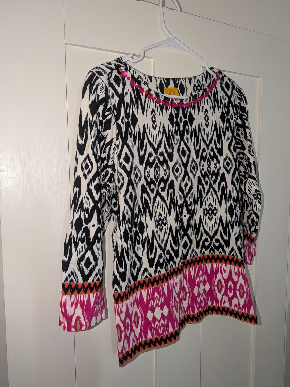 Ruby Rd. Black & White Ikat Print Top with Pink Trim